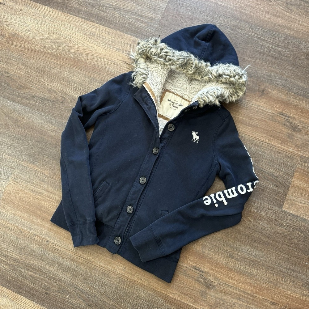 Abercrombie & Fitch Sherpa Hooded Jacket Faux Fur Small Navy Blue Y2K Bella Swan